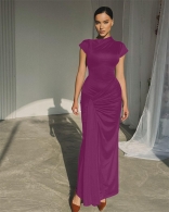 Purple Folds Elegant Women Evening Party Lace Up Pleated Formal Dress
