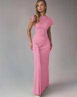 Pink Folds Elegant Women Evening Party Lace Up Pleated Formal Dress