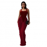 Wine Red Straps Square Neck Pleated Women Sexy Party Dress
