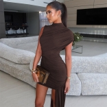 Brown O Neck Irregular Folds Bodycon Women Party Dress