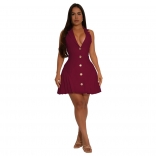 Red Sleeveless Deep V Neck Single Breasted Pleated Mini Skirt Dress