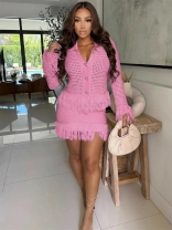 Pink Two Pieces Knitted Hollow Out Casual Skirt Dress