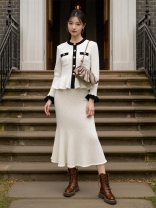 White Long Sleeve Knit Single Breasted Two Pieces Bodycon Elegant Skirt Dress Sets