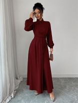Red Long Sleeve Single Breasted Lace Up Pleated Club Maxi Dress