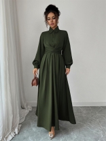 Green Long Sleeve Single Breasted Lace Up Pleated Club Maxi Dress