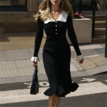 Black Long Sleeve Single Breasted Knitted Striped Ruffles Elegant Women Midi Dress