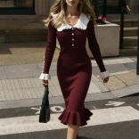 Red White Long Sleeve Single Breasted Knitted Striped Ruffles Elegant Women Midi Dress