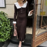 Brown Long Sleeve Single Breasted Knitted Striped Ruffles Elegant Women Midi Dress