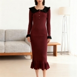 Claret Black Long Sleeve Single Breasted Knitted Striped Ruffles Elegant Women Midi Dress