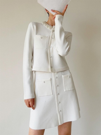 White Long Sleeve Two Pieces Pearl Crewneck Knit Cardigan with A-Line Elegant Mini Dress