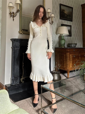 Apricot Long Sleeve Single Breasted Knitted Striped Ruffles Elegant Women Midi Dress