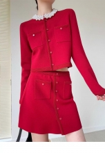 Red Long Sleeve Two Pieces Pearl Crewneck Knit Cardigan with A-Line Elegant Mini Dress