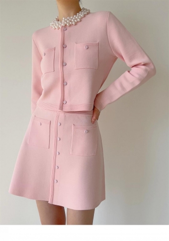 Pink Long Sleeve Two Pieces Pearl Crewneck Knit Cardigan with A-Line Elegant Mini Dress