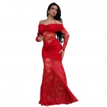 Red Off Shoulder Lace Hollow Out Luxury Evening Formal Long Dress
