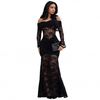 Black Off Shoulder Lace Hollow Out Luxury Evening Formal Long Dress