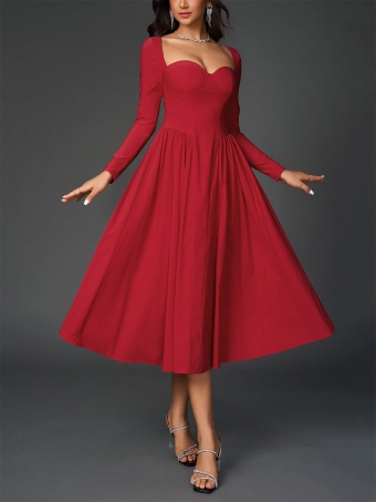 Red Square Neck Long Sleeve Backless Lace Up Pleated Luxury Midi Dress