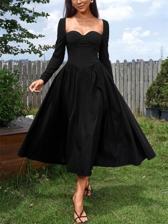 Black Square Neck Long Sleeve Backless Lace Up Pleated Luxury Midi Dress