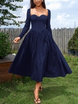 Royal Blue Square Neck Long Sleeve Backless Lace Up Pleated Luxury Midi Dress