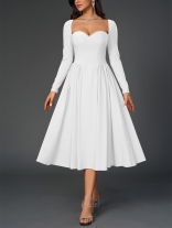 White Square Neck Long Sleeve Backless Lace Up Pleated Luxury Midi Dress