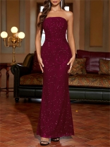 Red Strapless Sequins Mesh Fishbone Elegant Women Evening Formal Maxi Dress