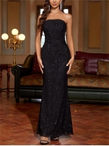 Black Strapless Sequins Mesh Fishbone Elegant Women Evening Formal Maxi Dress