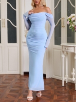 Blue Mesh Off Shoulder Long Sleeve Bodycon Prom Long Dress