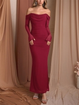 Red Mesh Off Shoulder Long Sleeve Bodycon Prom Long Dress