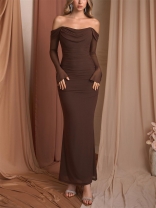Brown Mesh Off Shoulder Long Sleeve Bodycon Prom Long Dress