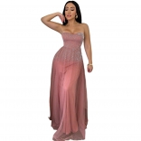 Pink Off Shoulder Rhinestones Mesh Lace Up Elegant Birthday Maxi Dress