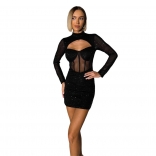 Black Long Sleeve See Through Sequins Bodycon Mini Clubwear