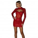 Red Long Sleeve See Through Sequins Bodycon Mini Clubwear