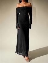 Black Off Shoulder Mesh Sexy Sequins Elegant Fashion Maxi Dress