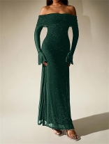 Green Off Shoulder Mesh Sexy Sequins Elegant Fashion Maxi Dress