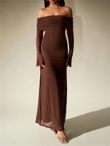 Brown Off Shoulder Mesh Sexy Sequins Elegant Fashion Maxi Dress