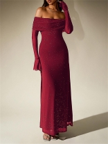 Red Off Shoulder Mesh Sexy Sequins Elegant Fashion Maxi Dress