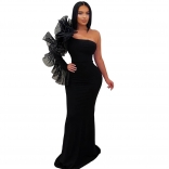 Black Off Shoulder Ruffles One Sleeve Luxury Women Birthday Party Prom Dress
