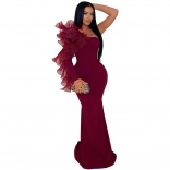 Red Off Shoulder Ruffles One Sleeve Luxury Women Birthday Party Prom Dress