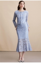 Blue Lace Embroidered Diamonds Two Pieces Lace Luxury Women Skirt Sets