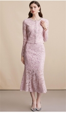 Pink Lace Embroidered Diamonds Two Pieces Lace Luxury Women Skirt Sets