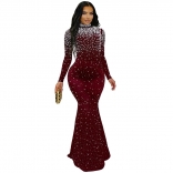 Claret Long Sleeve Diamonds Luxury Evening Formal Long Dress