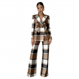 Brown Long Sleeve Two Pieces Plaid Printed Fashion Casual Pant Suit Dress