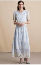 Blue Short Sleeve Lace Embroidered Two Pieces Elegant Women Skirt Sets