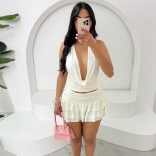 White Deep V neck Strapls Pleated Two Pieces Ruffles Skirt Sets