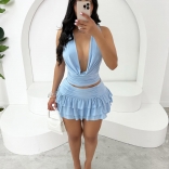 Blue Deep V neck Strapls Pleated Two Pieces Ruffles Skirt Sets