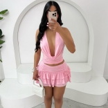 Pink Deep V neck Strapls Pleated Two Pieces Ruffles Skirt Sets