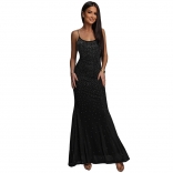 Black Straps Low Cut Sexy Diamonds Bodycon Evening Formal Maxi Dress