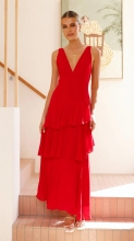 Red Deep V Neck Straps Ruffles Pleated Holiday Maxi Dress