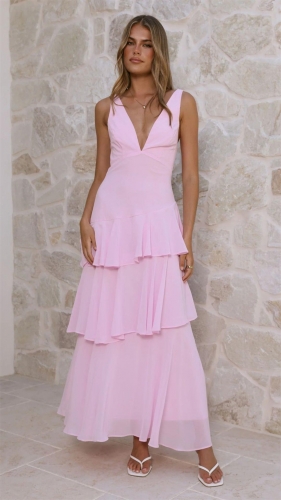 Pink Deep V Neck Straps Ruffles Pleated Holiday Maxi Dress