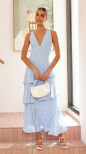 Blue Deep V Neck Straps Ruffles Pleated Holiday Maxi Dress