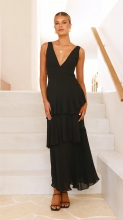 Black Deep V Neck Straps Ruffles Pleated Holiday Maxi Dress
